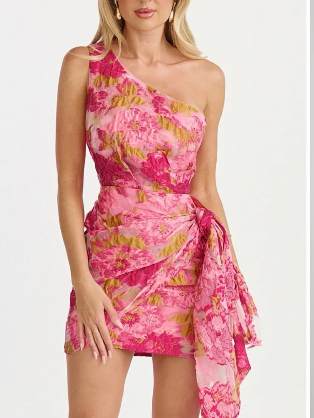Showpo Pink and Gold One-Shoulder Floral Mini Dress